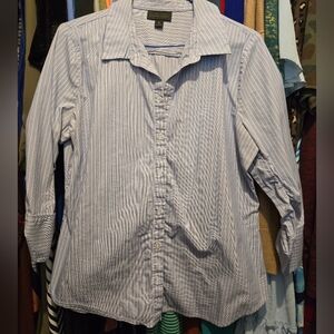 👩 GUC L Women's Worthington Blue/White pinstripe button-up shirt, 3/4 sleeve
